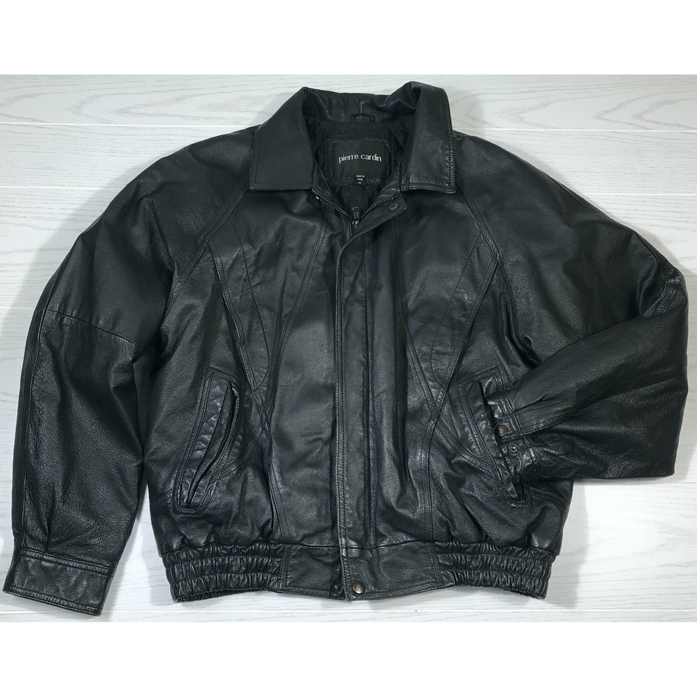 Vintage Pierre Cardin Leather Bomber Jacket Mens M Black Biker Classic Retro 90s